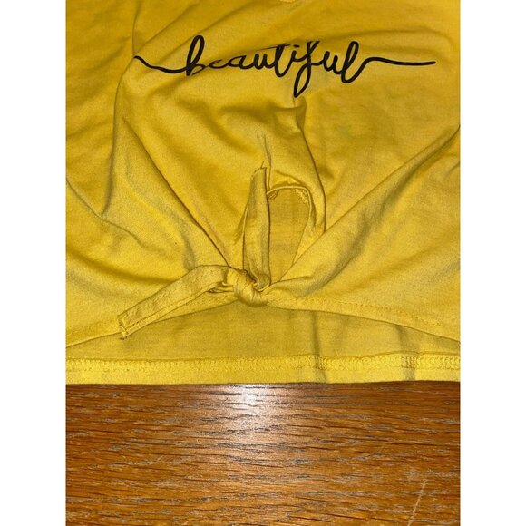 Yellow Crop Top With "Beautiful" Print & Knotted Front - Picture 3 of 5